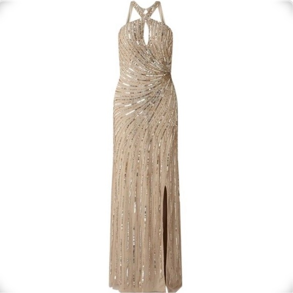 Adrianna Papell Dresses & Skirts - Adrianna Papell flutter dress halter keyhole gold size 4